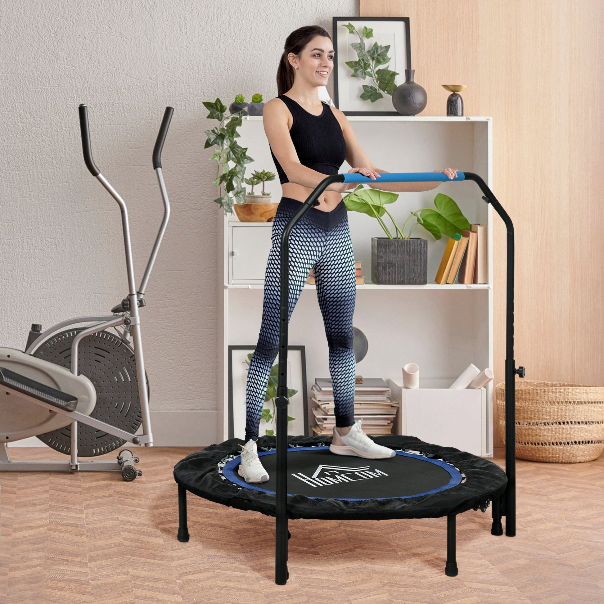 40" Foldable Mini Fitness Trampoline, with Adjustable Foam Handle, Blue-1